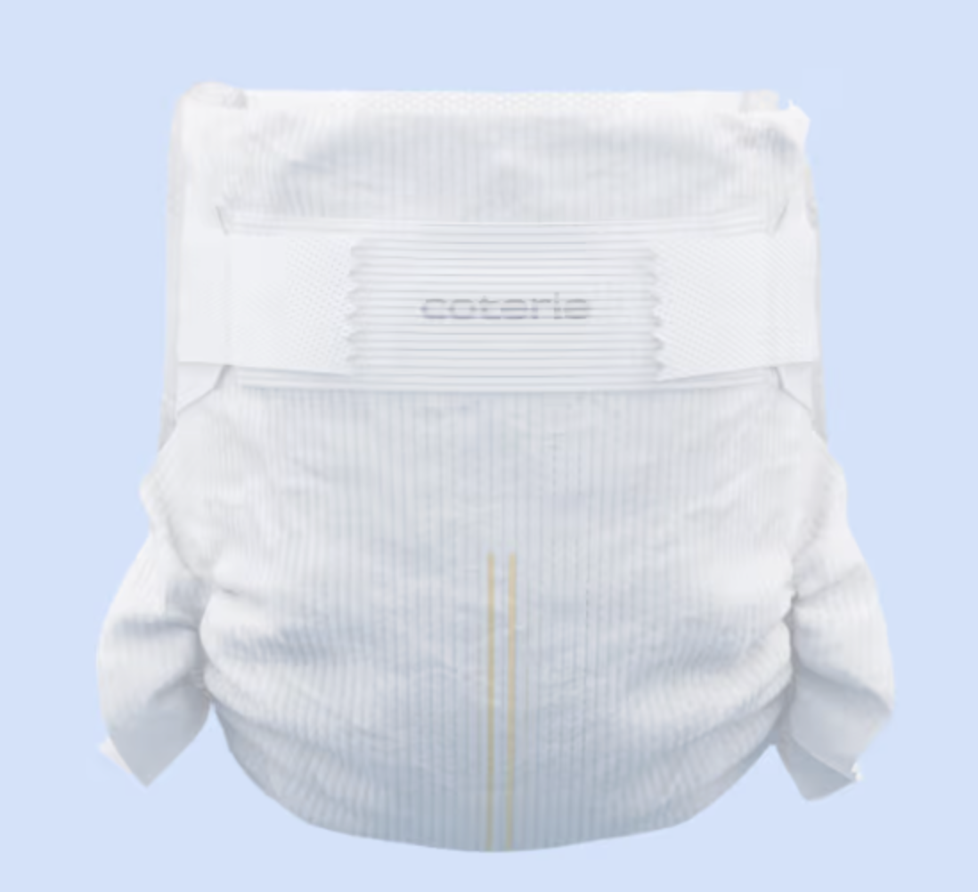 A white adult disposable diaper with light blue and yellow lines on the front, set against a light blue background.