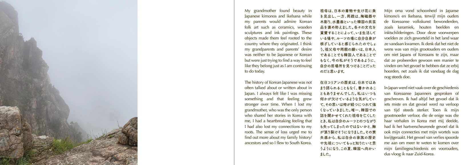 Photo of a rocky cliff with some green grass, overlooking a misty, foggy landscape with mountains in the distance.