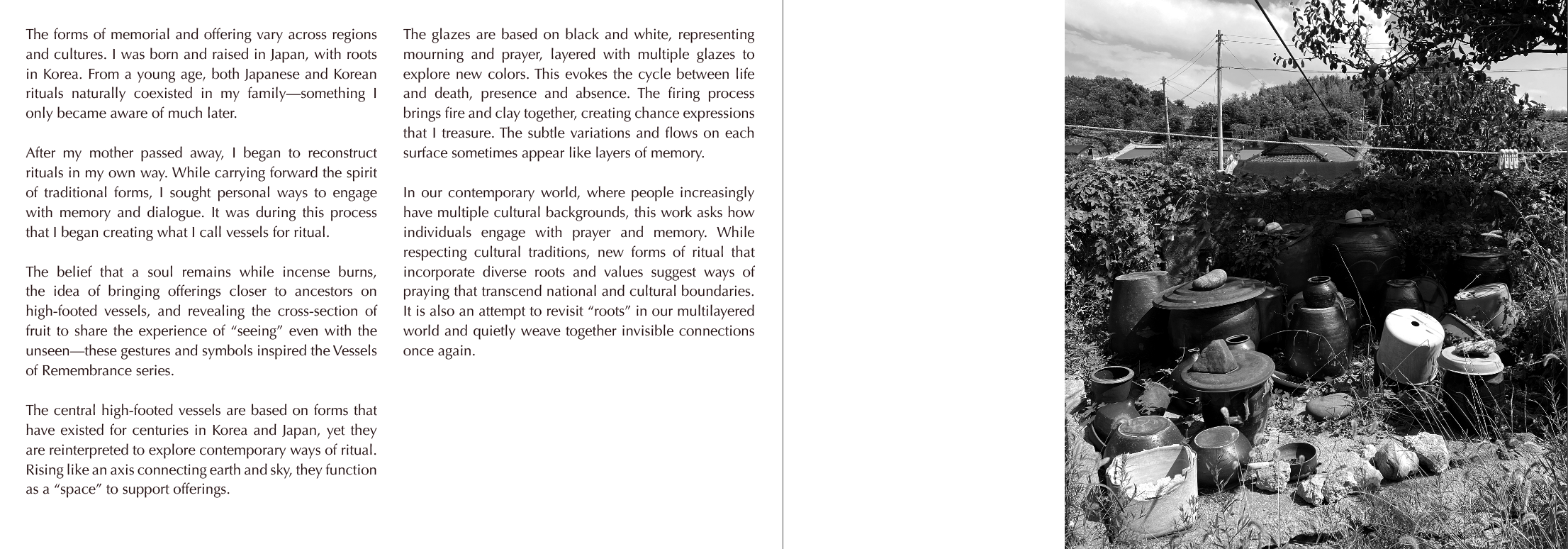 Black and white photo of an outdoor space with various pottery, jars, and vessels, some stacked on rocks and grass, with trees and power lines in the background.