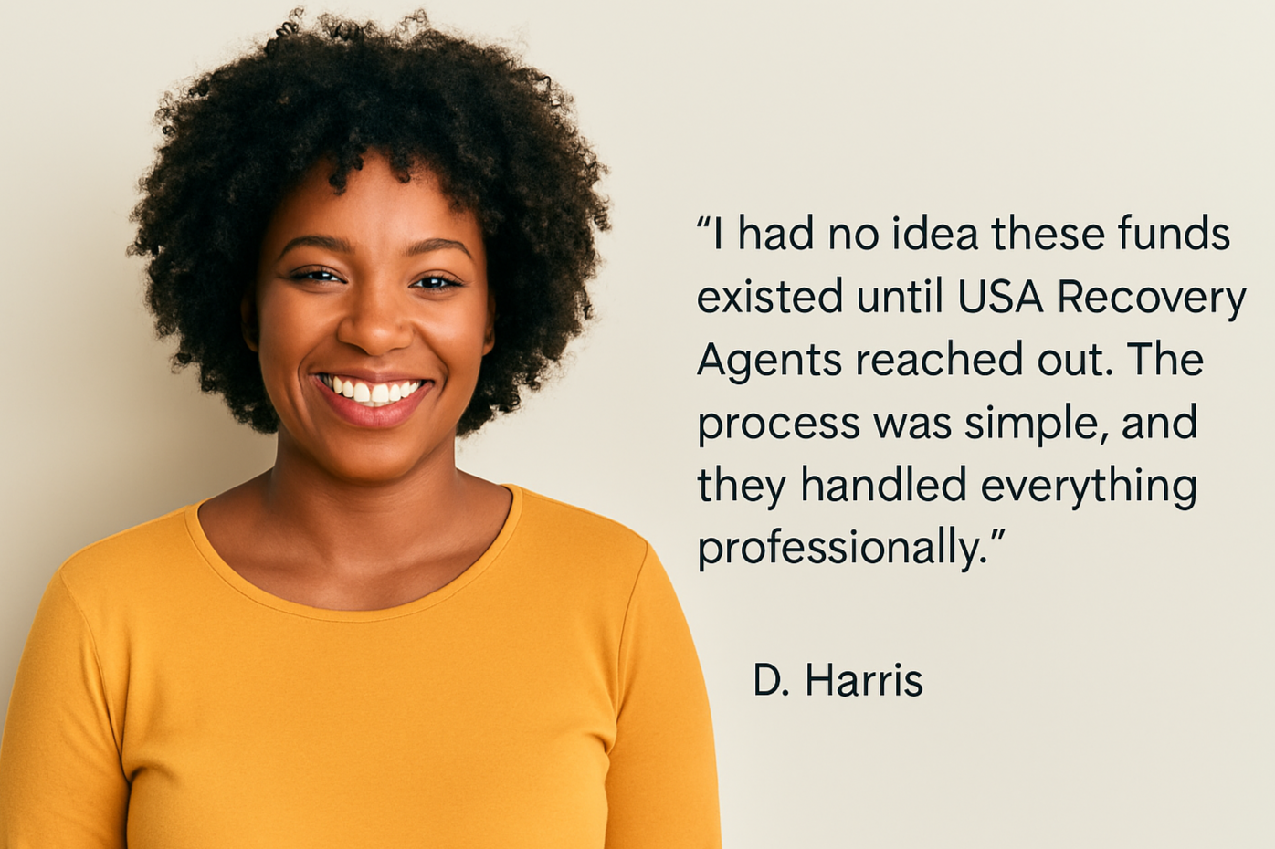 A woman with curly hair, wearing a yellow shirt, smiling at the camera, with a quote about USA Recovery Agents to her right.