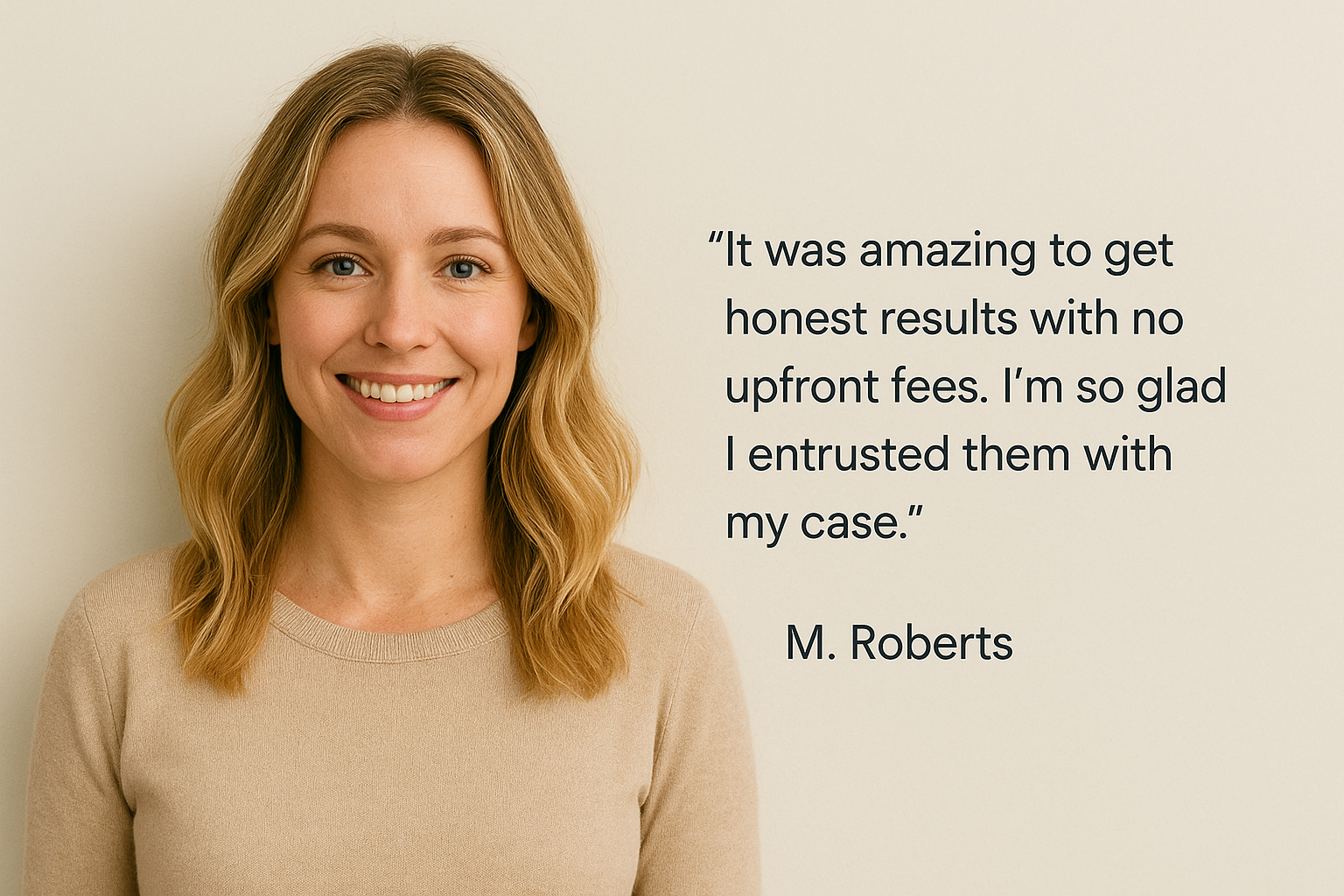 A smiling woman with shoulder-length blonde hair wearing a beige top, standing next to a quote on a light-colored wall. The quote reads, "It was amazing to get honest results with no upfront fees. I’m so glad I entrusted them with my case." - M. Roberts.
