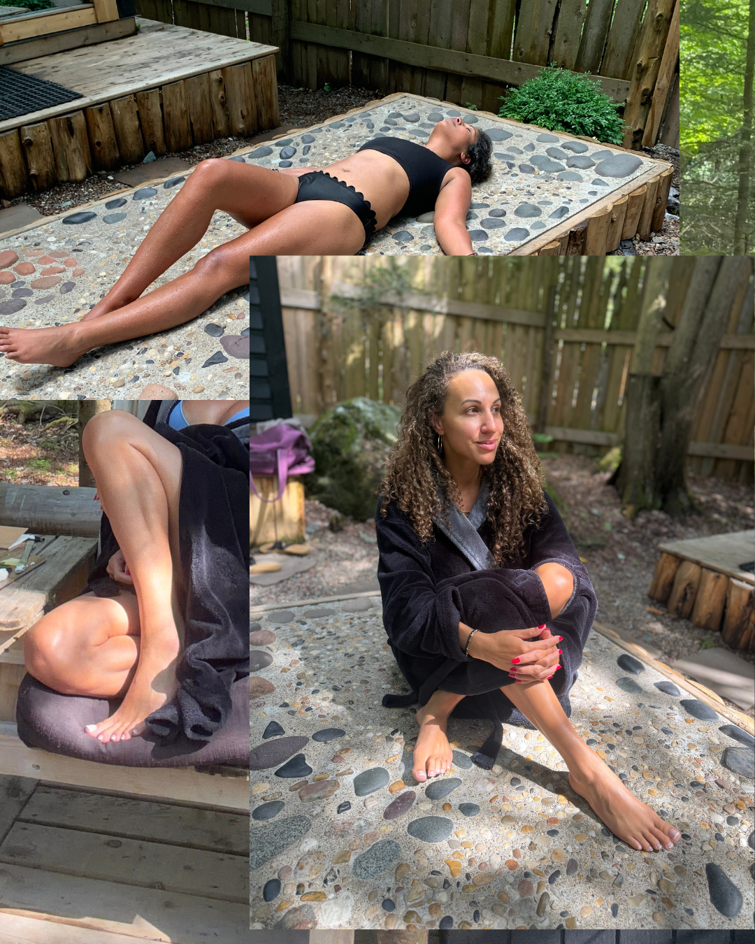 Three women outdoors near a wooden fence and trees, one lying on a pebble surface, and two sitting on the same surface, one with crossed legs and the other with legs extended, relaxing in natural light.