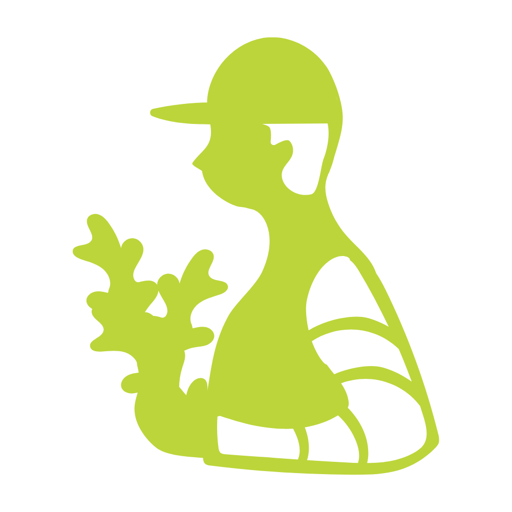 Illustration of a farmer wearing a cap, holding a small plant.