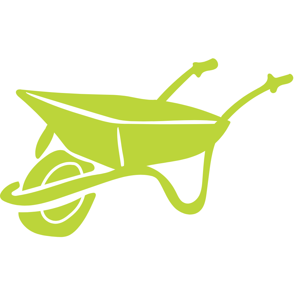 Illustration of a wheelbarrow with a round wheel and two handles.