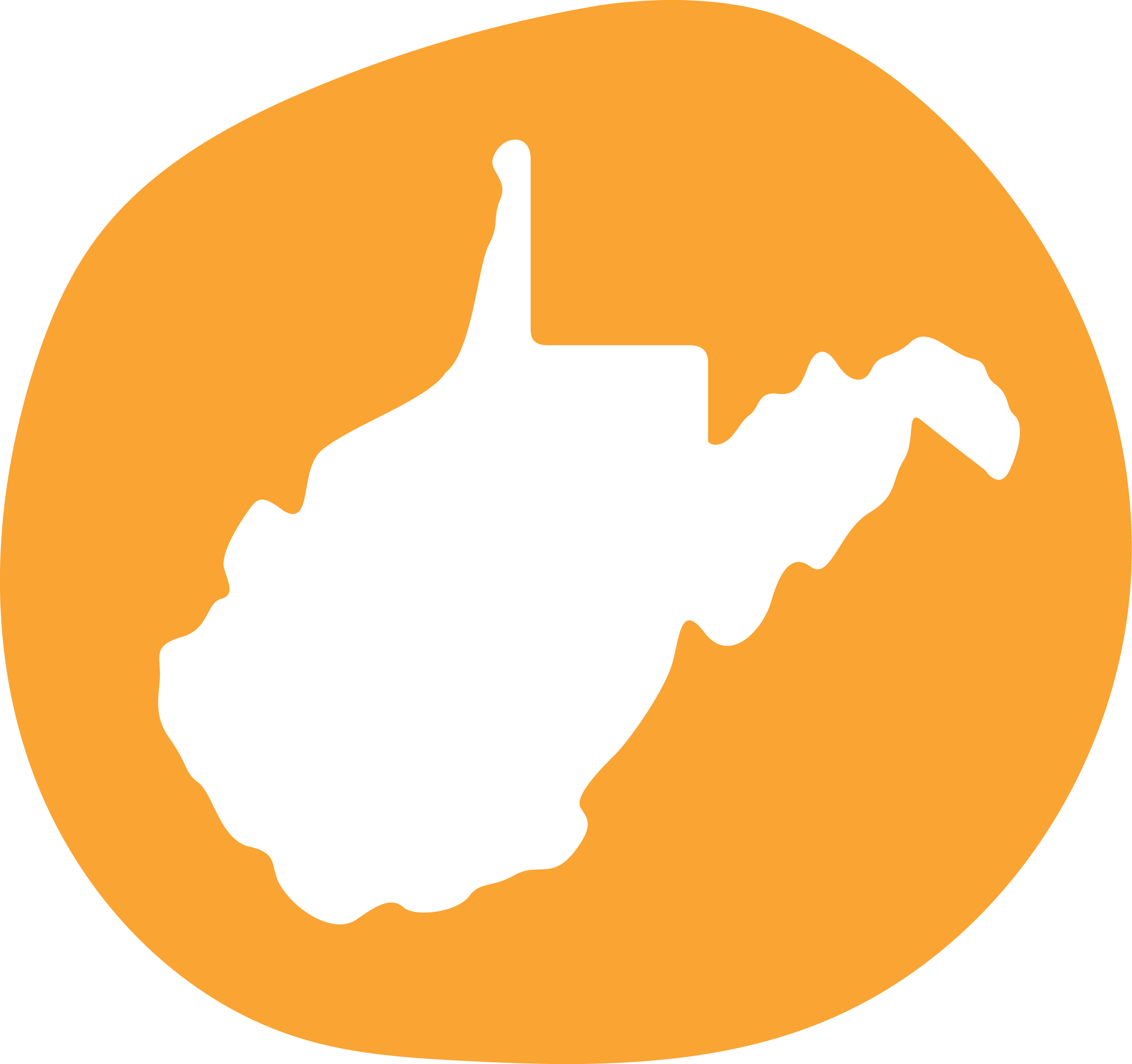 An illustration of the state of West Virginia on an orange circular background.