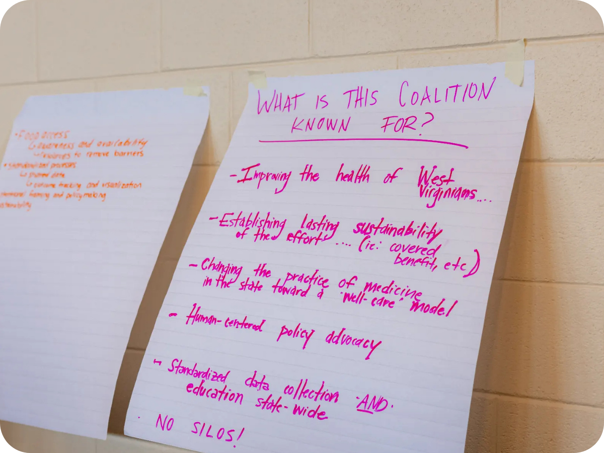 Handwritten poster on a wall asking about the purpose of a coalition, listing improving health, establishing sustainability efforts, changing practice of medicine, human-centered policy advocacy, and standardized data collection, with colorful marker
