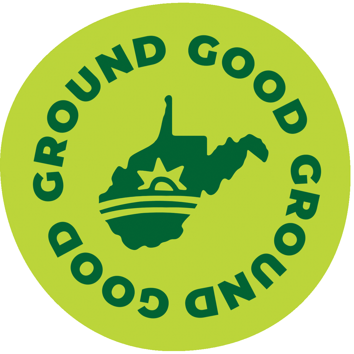 Green circular logo for Good Ground, there is a stylized map of West Virginia, a sun rising, and the words "Good Ground" encircling the design.