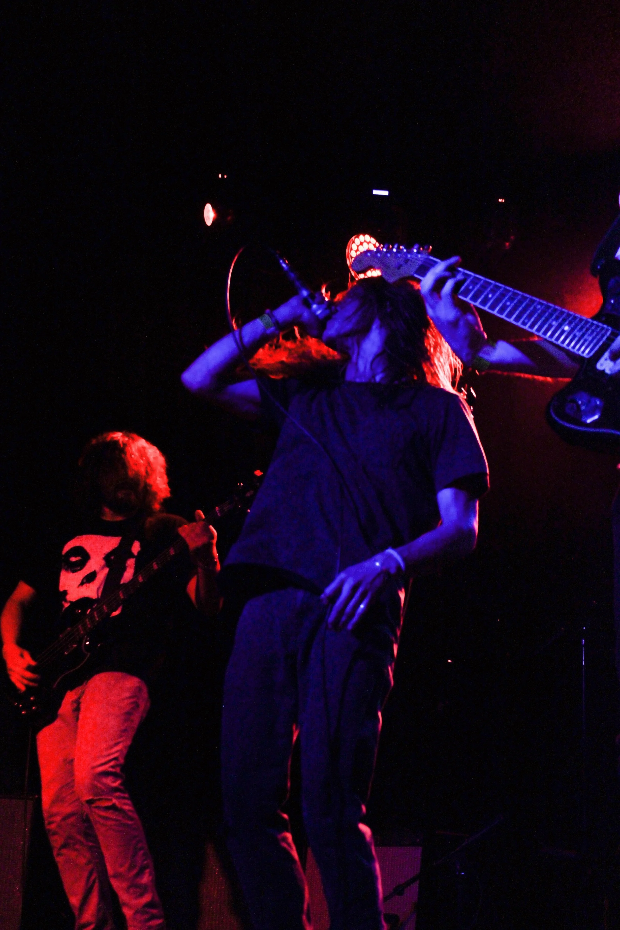 Musicians performing live on stage, one singing into a microphone and playing guitar, with another player in the background, under red and purple stage lighting.