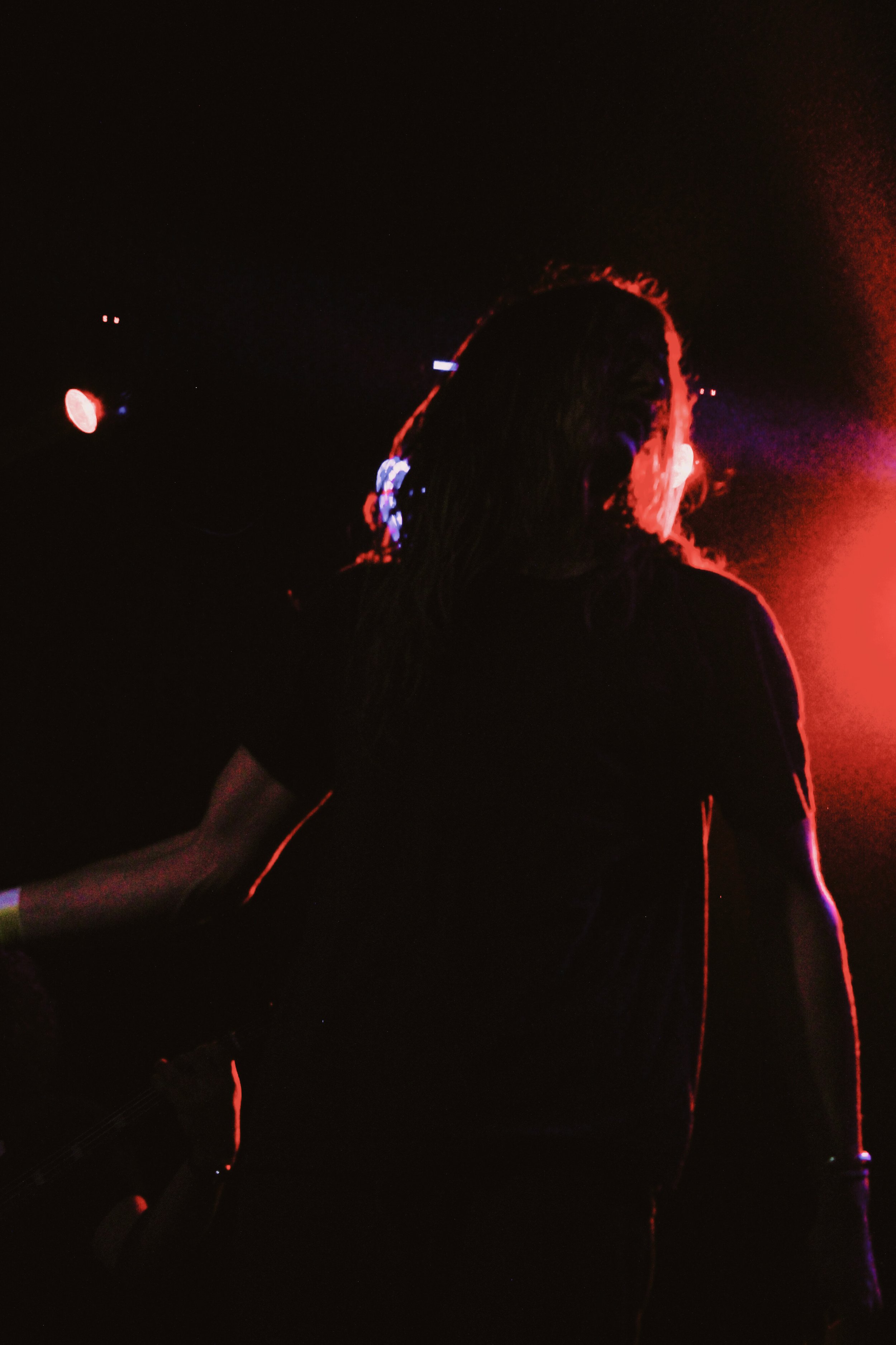 A silhouette of a person with long hair, illuminated by red and purple stage lights in a dark concert setting.