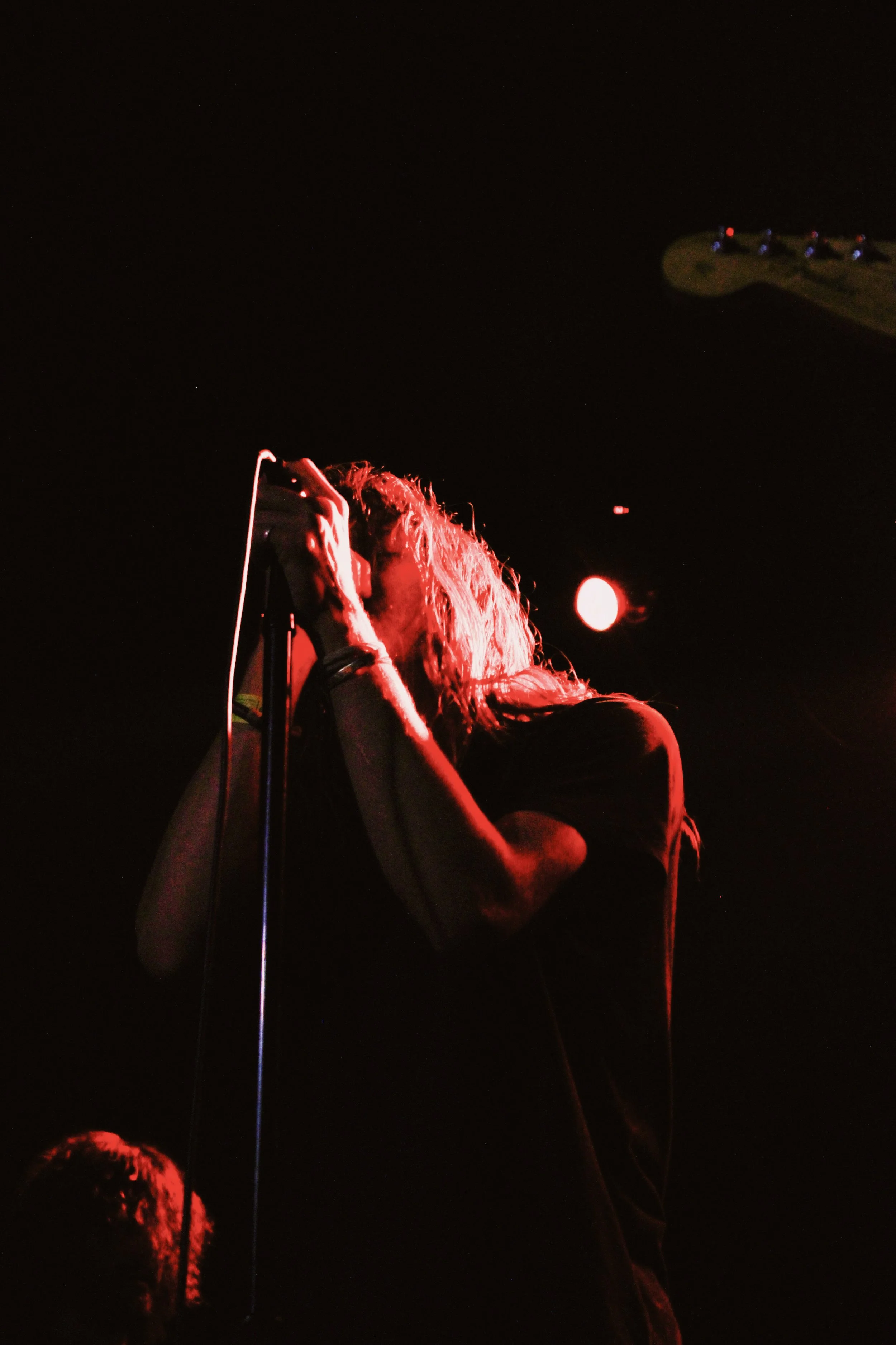 A singer with long hair holding a microphone on a dark stage with red lighting.