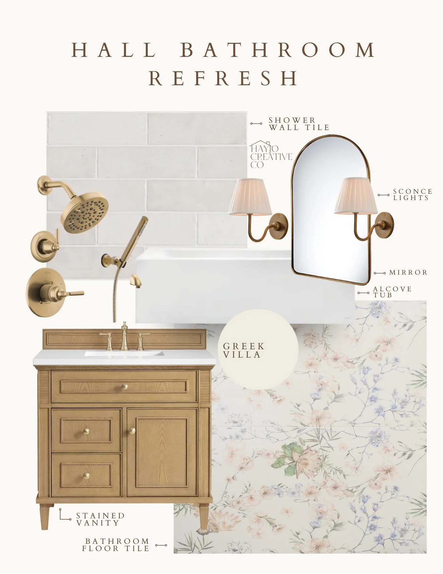You know I love a pink bathroom 💗

A floral tile moment grounded by warm metals and timeless finishes &mdash; perfect for a hall bath refresh.

The complete materials board (with product links) is live on my website.