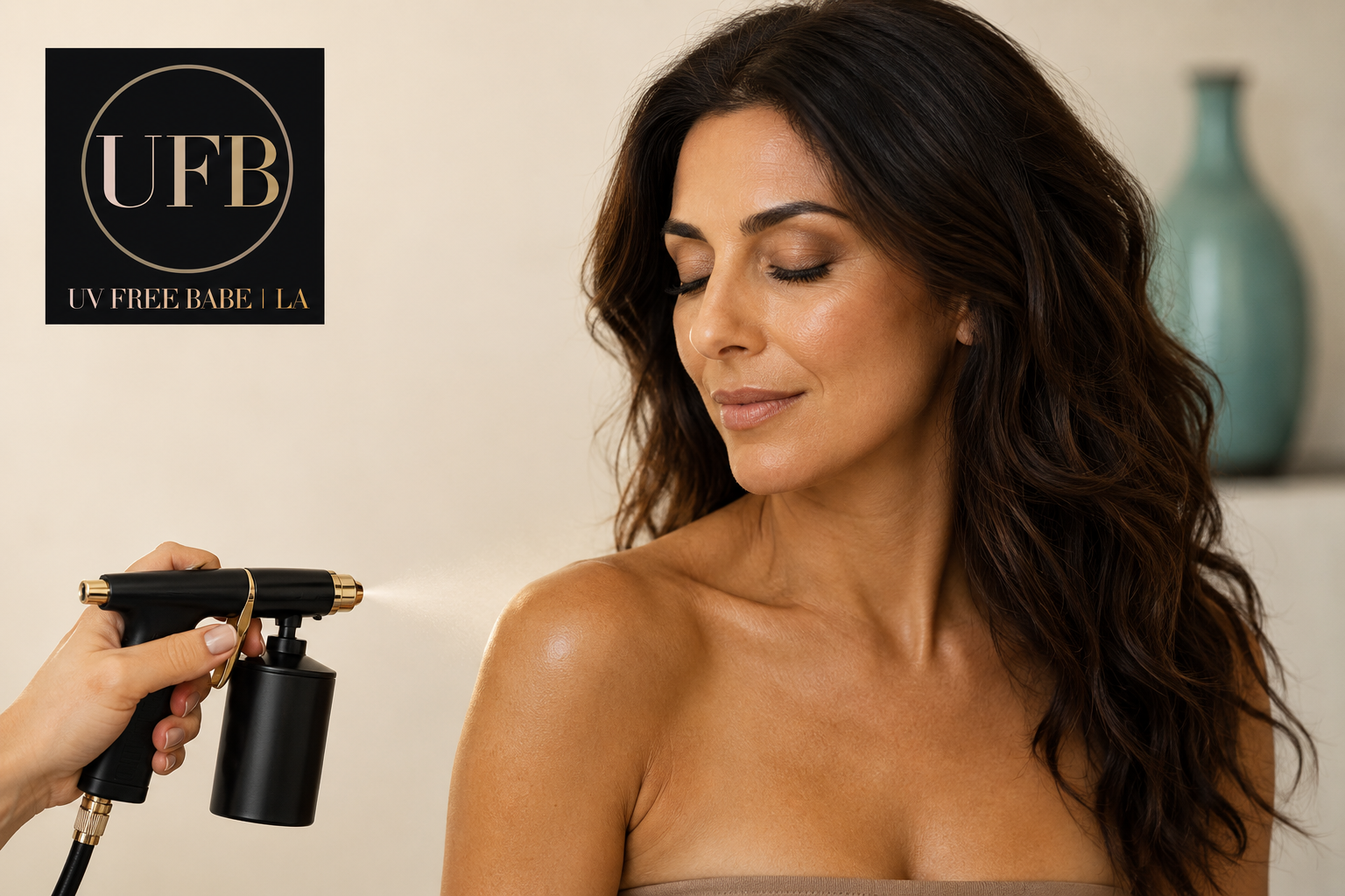 Woman receiving a custom airbrush spray tan with anti-aging peptide boost
