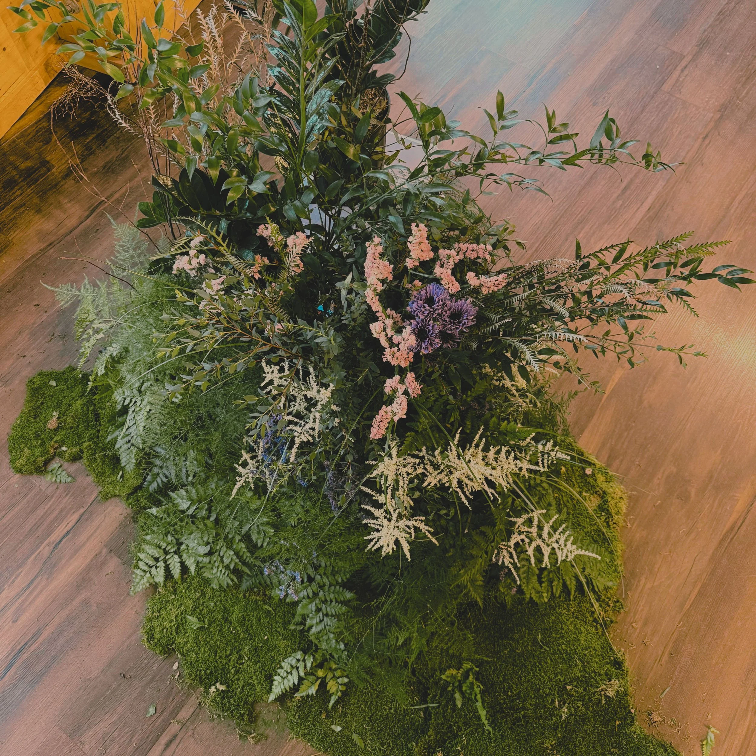 Composition de différentes plantes vertes et fleurs roses, avec un sol en bois et un mur en bois en arrière-plan.