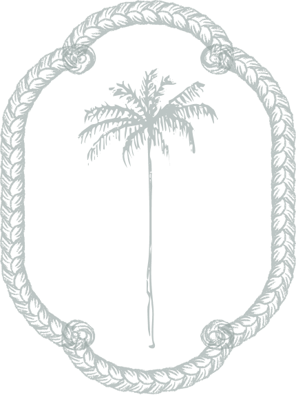 A palm tree inside an ornate, rope-like circular frame.