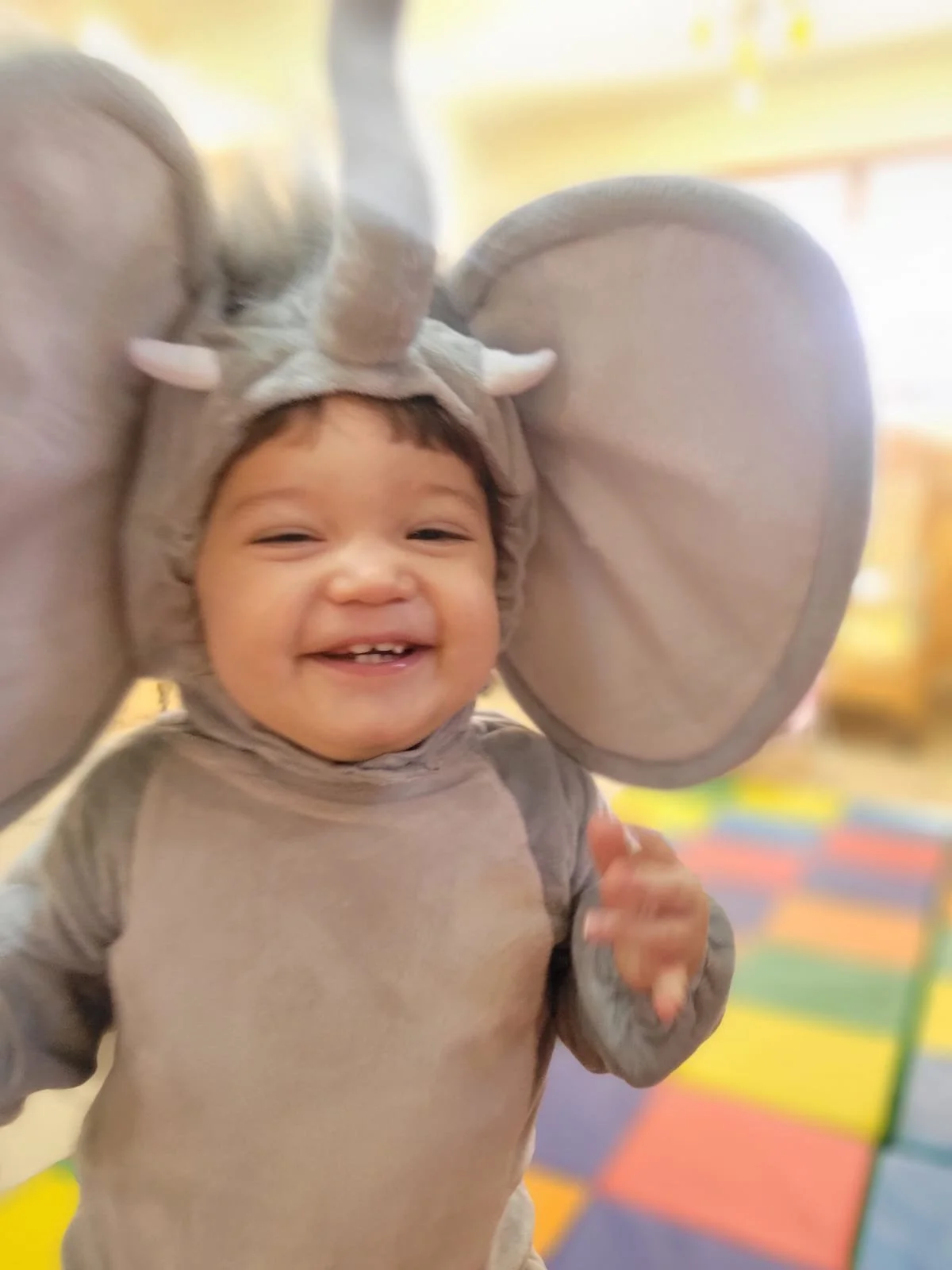 A happy young child in a costume with elephant ears and a trunk, smiling happily.