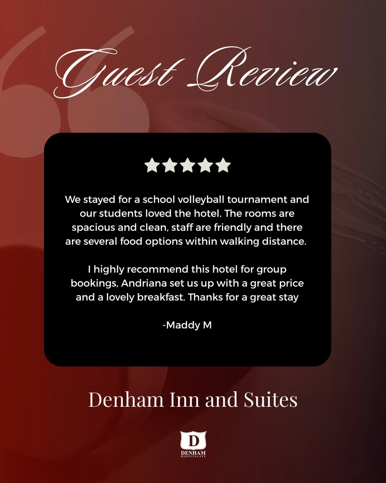 Looking for somewhere to stay with your team? We&rsquo;re happy to host! 

Thanks for the kind review, Maddy!