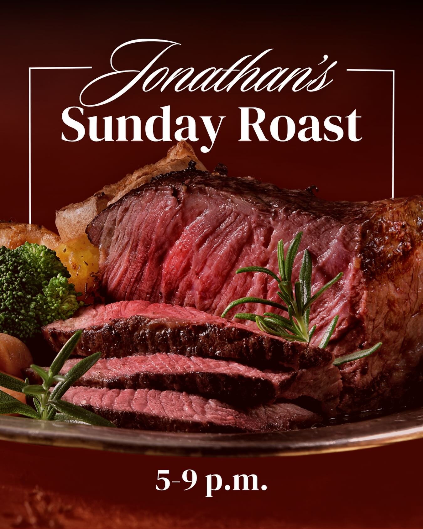 Your Sundays just got SO much better. 

Every Sunday evening from 5-9 at Jonathan&rsquo;s Lounge, we&rsquo;re making your favourite comfort food: roast beef with Yorkshire pudding, garlic mash, and root vegetables. 🥩

Come on down and warm your soul