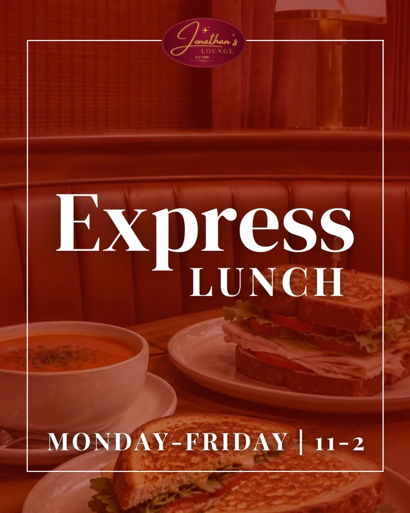 Your lunch break just got a whole lot better. 

Jonathan&rsquo;s Express Lunch is here Monday to Friday from 11AM&ndash;2PM with fresh homemade soups, mini salads, and stacked sandwiches like our Beef Dip Slider, Turkey Bacon Club, Mini Italian &amp;