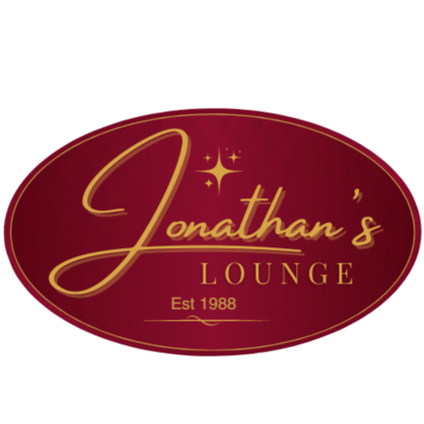 Logo for Jonathan's Lounge with gold cursive text and stars on a maroon oval background, established in 1988.