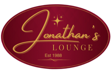 Logo for Jonathan's Lounge, established in 1988, featuring a red oval background with gold cursive and block text.