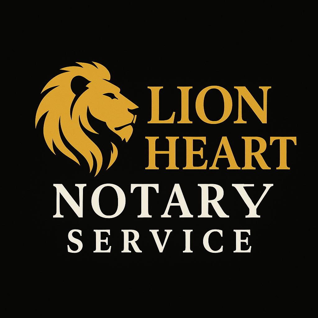 Logo for Lion Heart Notary Service featuring a gold lion's head silhouette on a black background with the text "LION HEART NOTARY SERVICE" in gold and white.