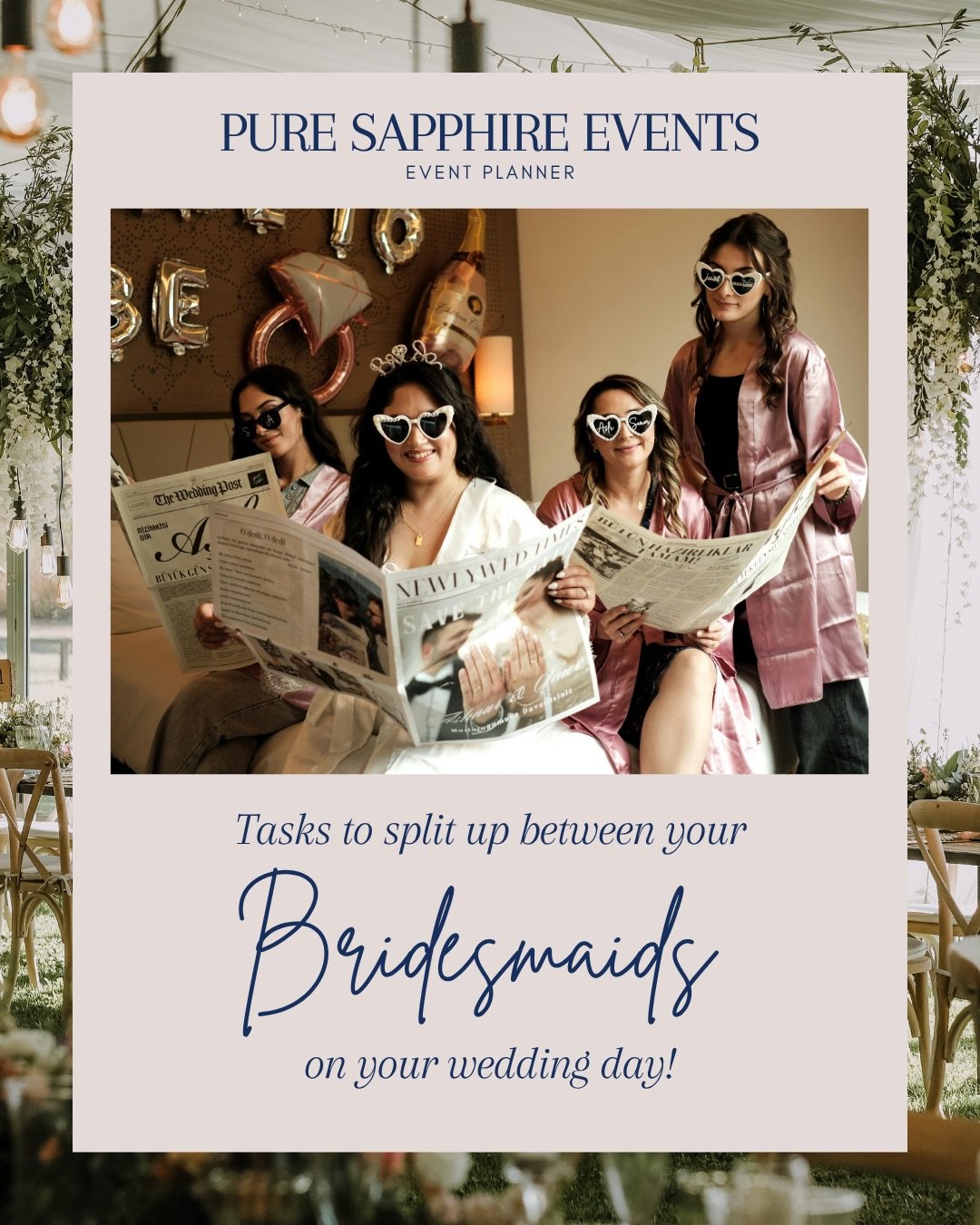 Your bridesmaids = your mini dream team 💍🤍
Give everyone a little job so your day feels easy and fun!

👑 Emergency Queen
Has all the must-haves (band-aids, lip gloss, safety pins)

🍕Snack Manager
Makes sure you eat and drink all day

🎶 Vibes Cur