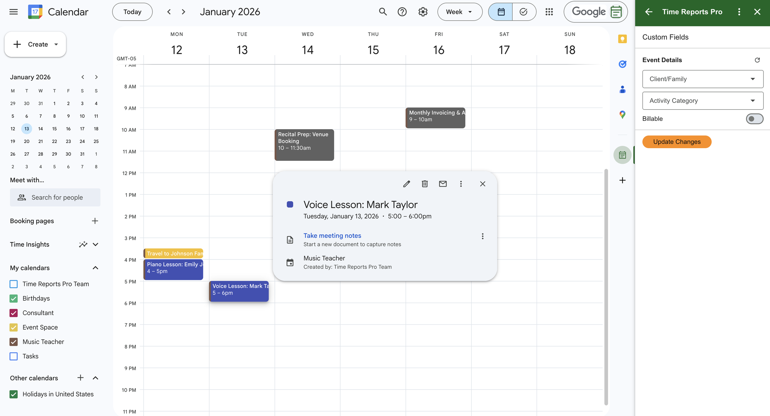 Screenshot of Calendar with Custom Fields