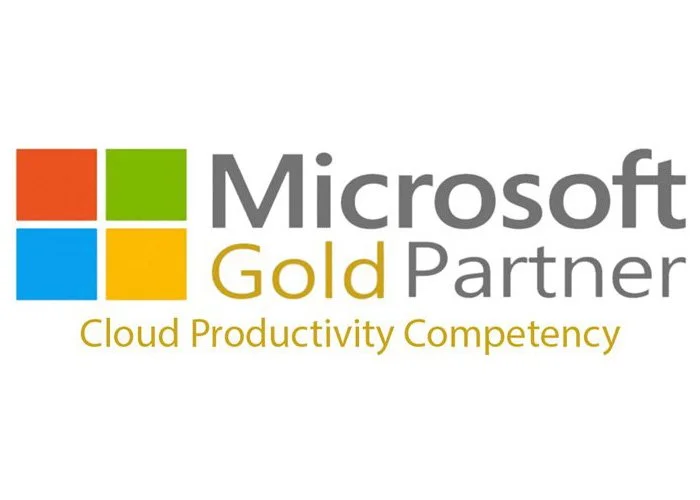 Microsoft Gold Partner logo with colorful squares and text indicating cloud productivity competency.
