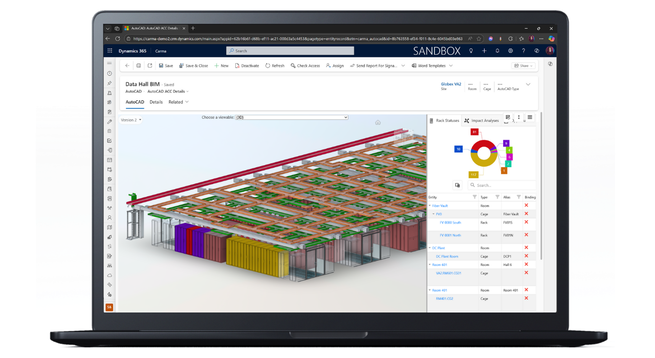 Computer screen displaying a 3D model of a data hall with racks, pipes, and structural elements in design software