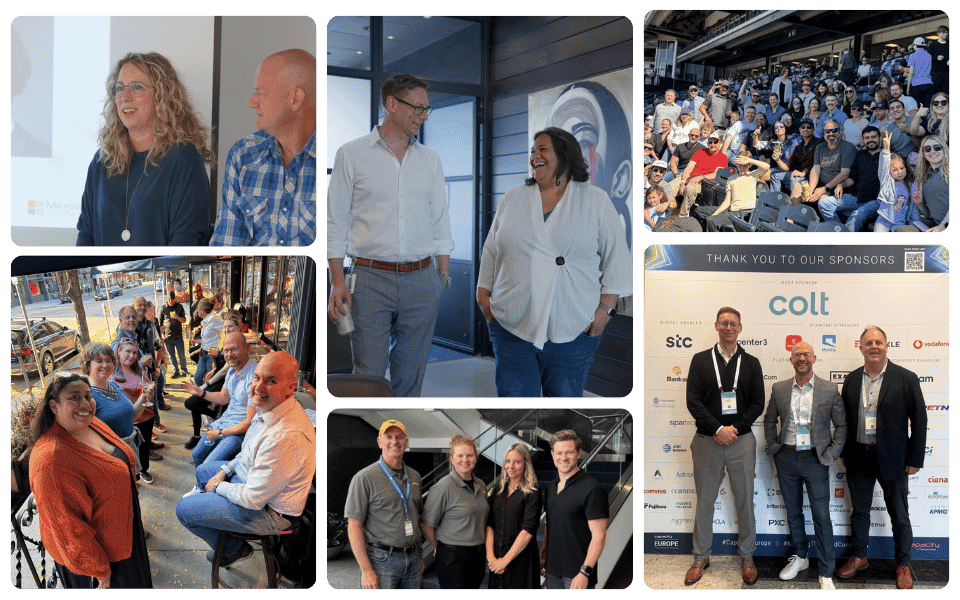 Collage of six photos showing groups of Carma employees at different events, including a presentation, casual outdoor gathering, conference, and outdoor audience.