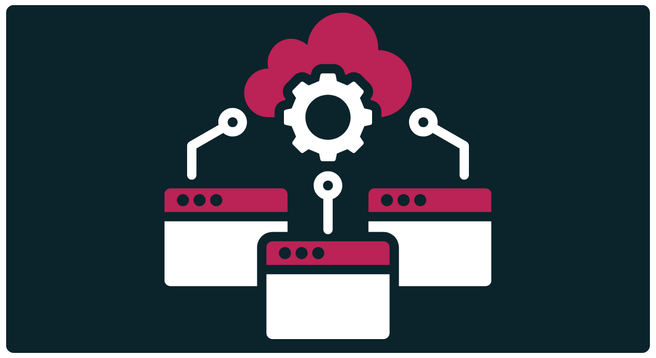 Graphic illustrating cloud computing with interconnected servers, a gear, and a cloud icon.