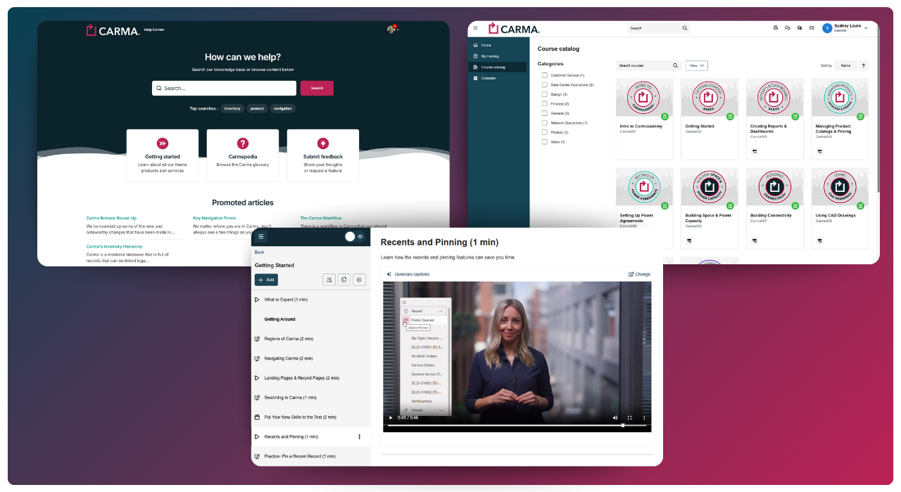 Three screens showing Carma's Help Center and online, self-paced training videos