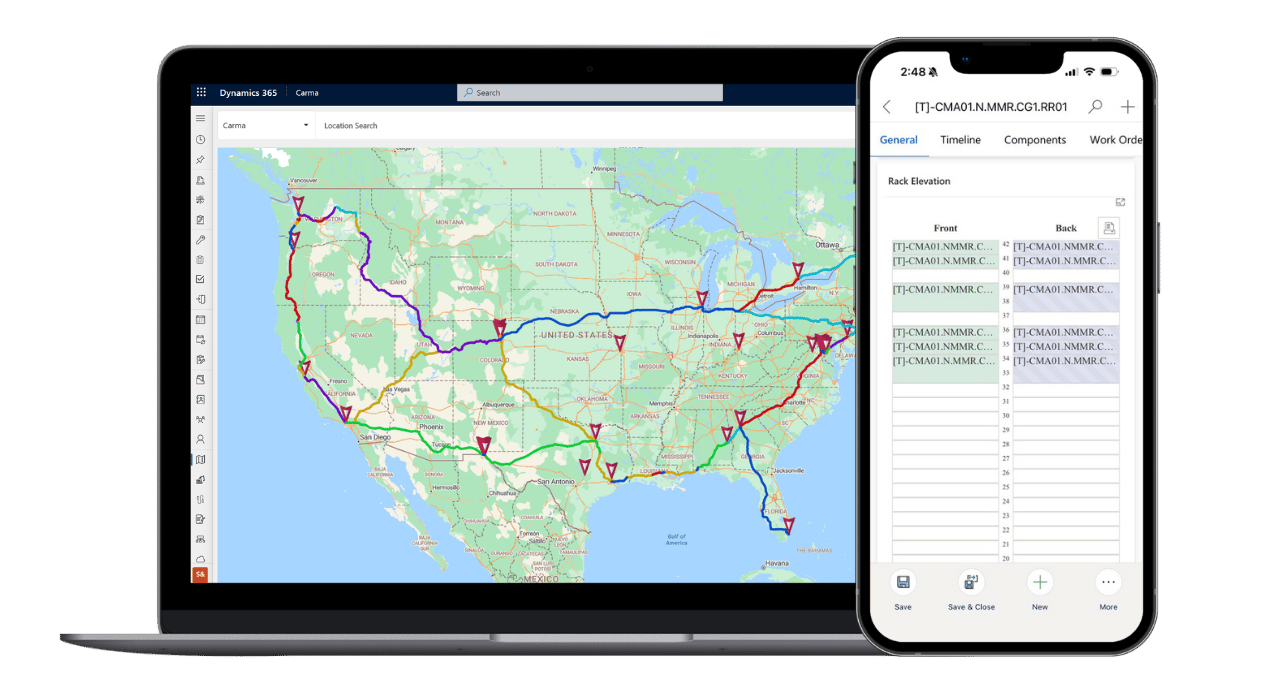 Carma network map on laptop screen and rack elevation display on a mobile device