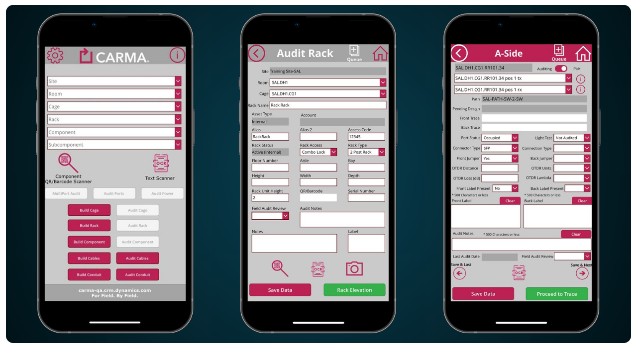 Three mobile devices showing Carma's Field Application for auditing inventory.