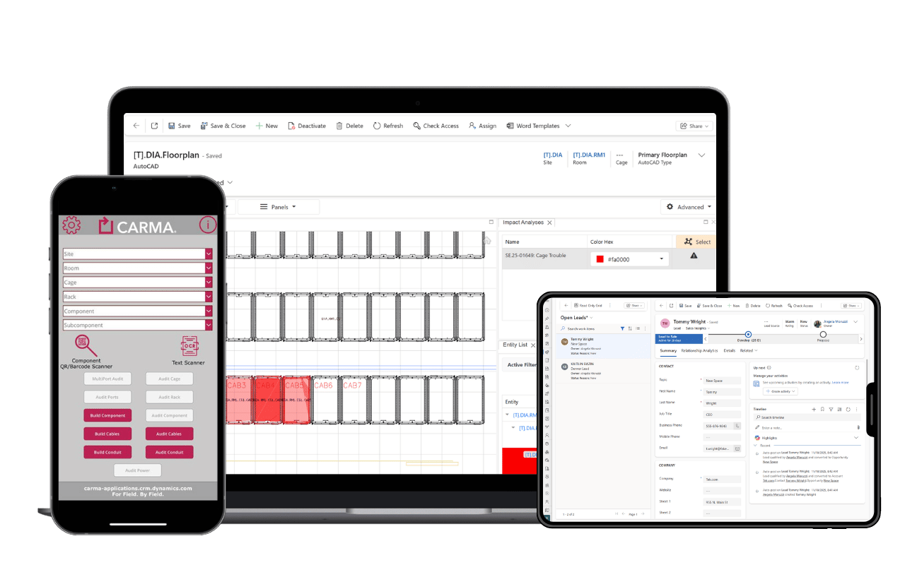 A mobile phone, laptop, and tablet all displaying different Carma screens Carma's Field Audit App, an AutoCAD showing impacted assets, and sales functionality