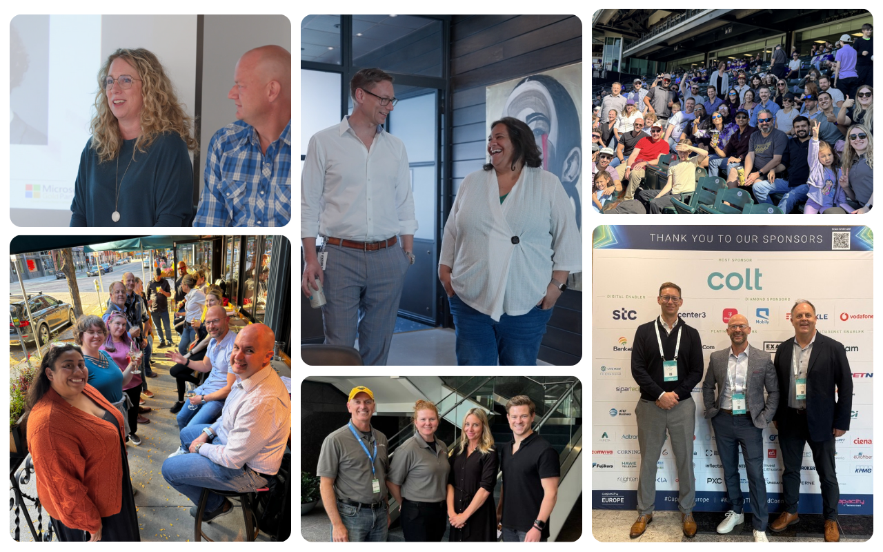 Collage of six photos showing groups of Carma employees at different events, including a presentation, casual outdoor gathering, conference, and outdoor audience.