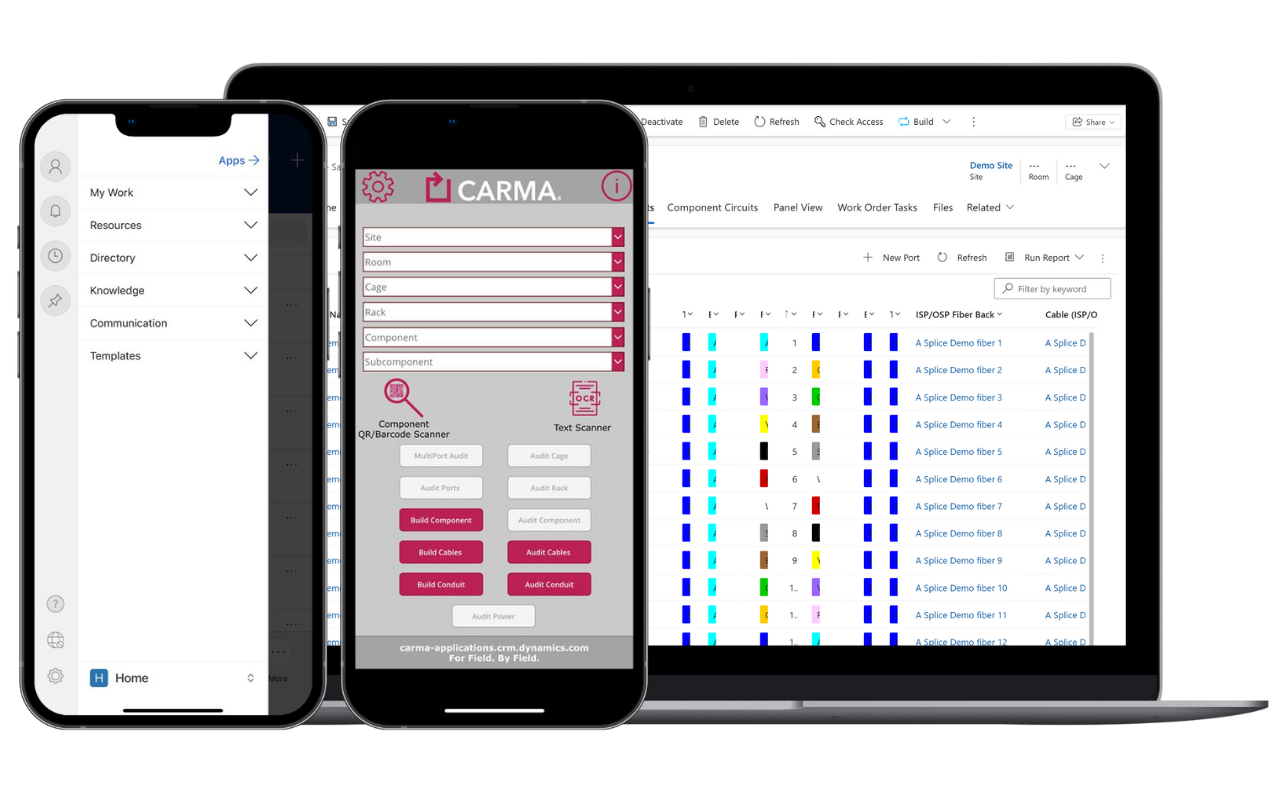 Multiple Carma screens showing mobile Carma, the Carma Field App for auditing, and a visual of a splice tray component.