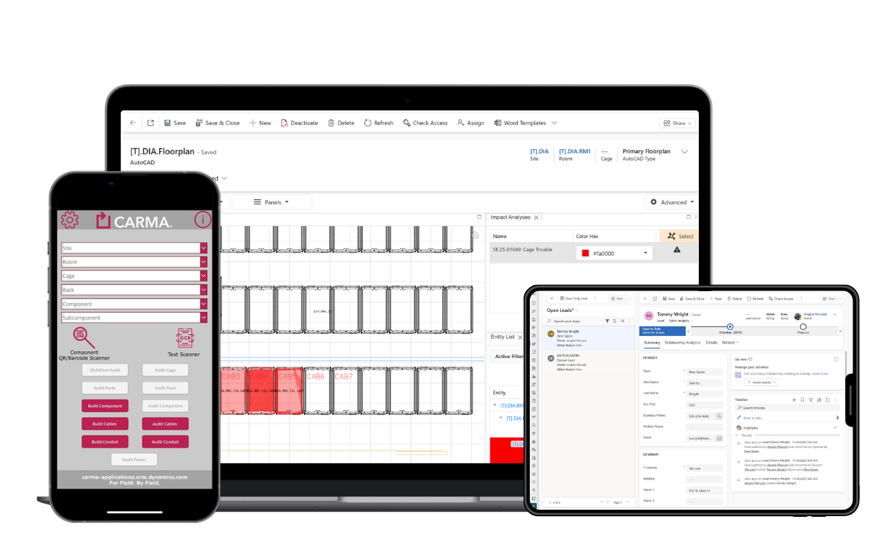 A mobile phone, laptop, and tablet all displaying different Carma screens: Carma's Field Audit App, an AutoCAD showing impacted assets, and sales functionality