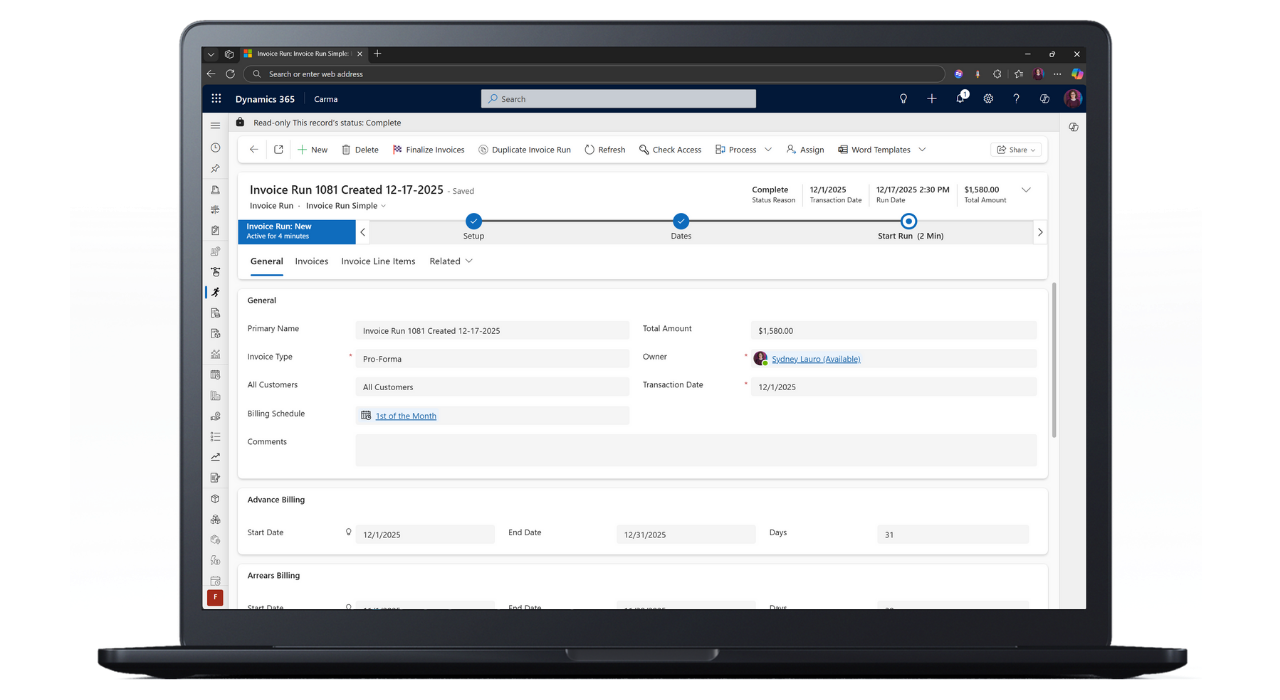 Screenshot of a computer monitor displaying an invoice management application within Microsoft Dynamics 365, showing invoice details like total amount, owner, and billing schedule.