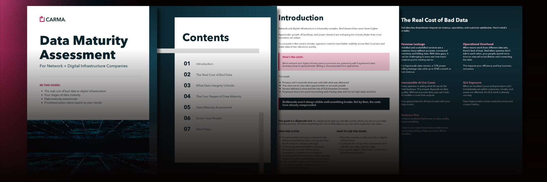 Preview pages from Carma's data maturity assessment for data centers and telcos