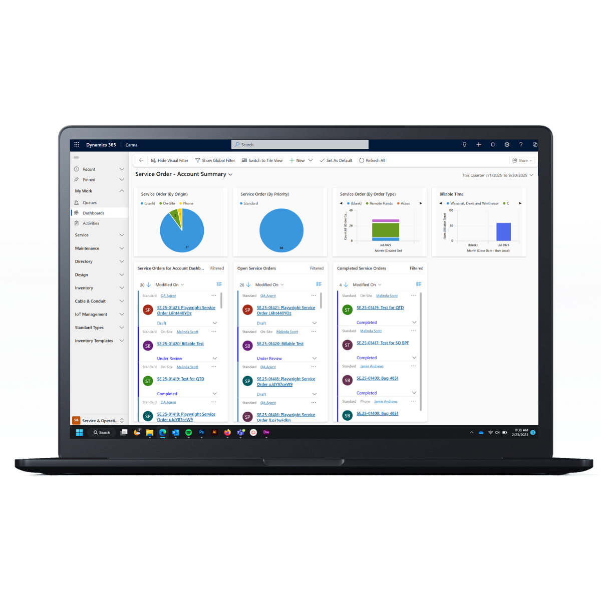 Laptop displaying a dashboard for managing service orders in Microsoft Dynamics 365