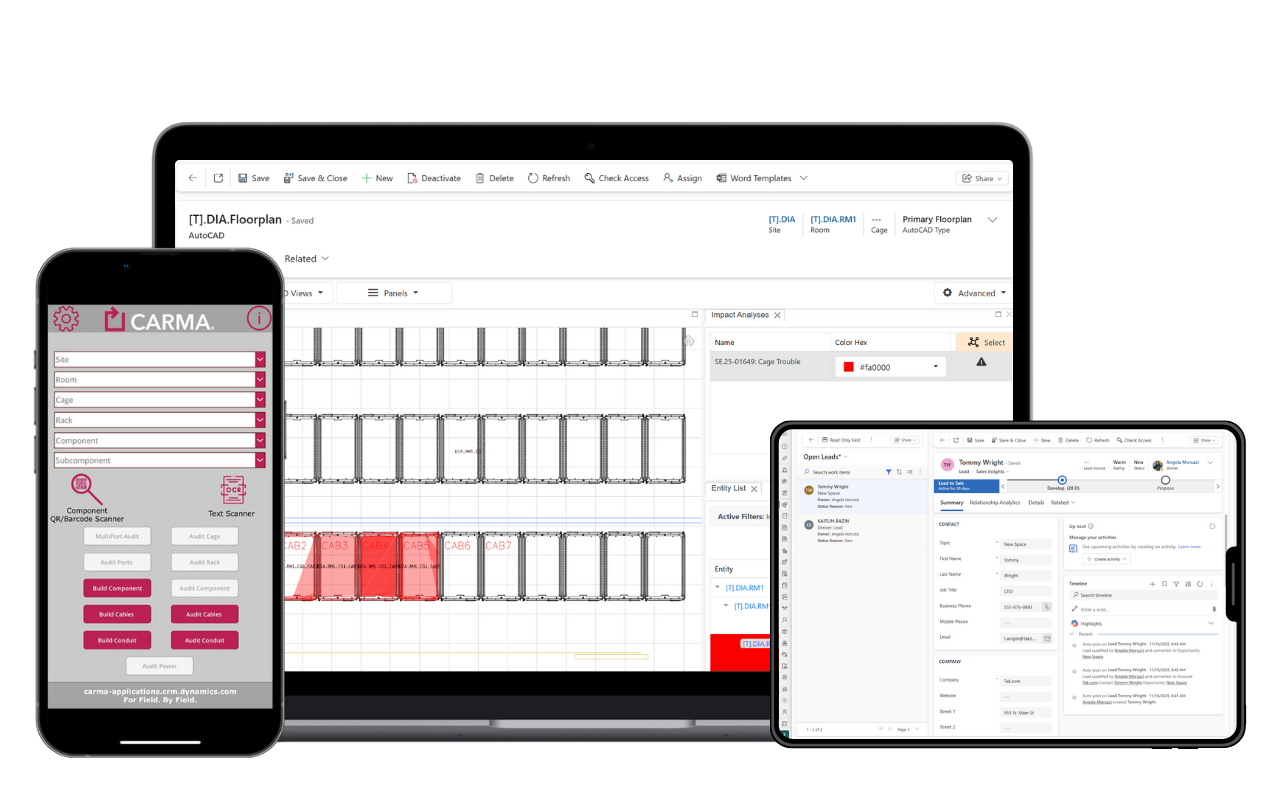 Carma platform screens on a mobile device, computer, and tablet.