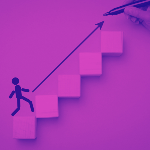 A stick figure climbing wooden stairs signifying a pathway