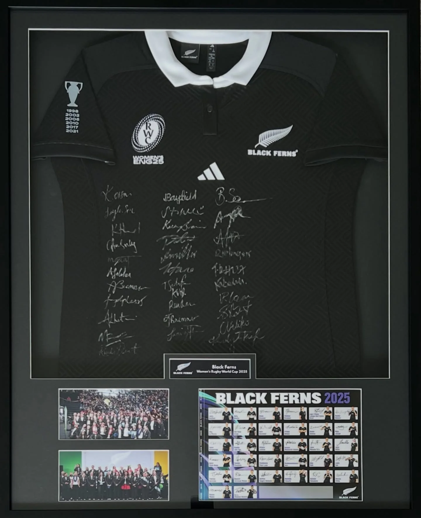 2025 @blackferns RWC Jersey signed by the squad.

This one will be displayed in a school, so have used acrylic which is both shatterproof and UV resistant - safer for everyone and the jersey vs standard picture framing glass 👍