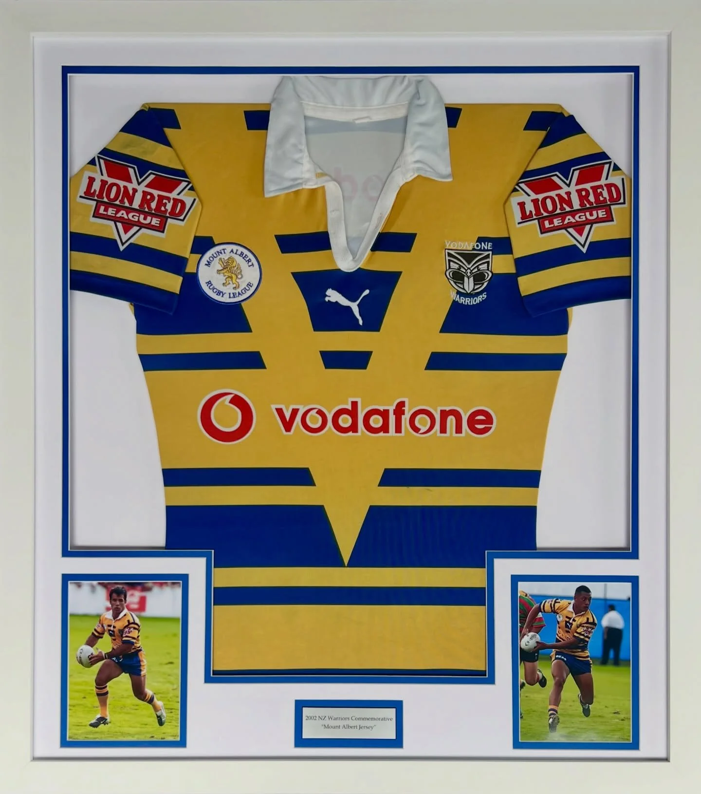 2002 Warriors Mount Albert Commemorative Jersey.

The 2nd most challenging jersey framed to date. But happy with how it all turned out, really given it that game worn feel. Everything was out of alignment, collar was sewn on crooked and scrunched, mi