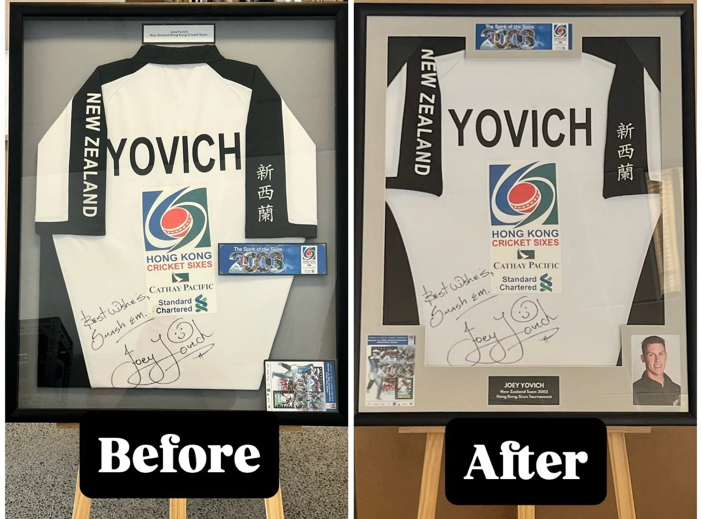 Little tidy up of a frame for Joey Yovich, who had a display put together back in 2003 to celebrate the Hong Kong Sixes tournament.

Things had started to fall down and off, so added in some new matboard, straightened things up and added a couple mor