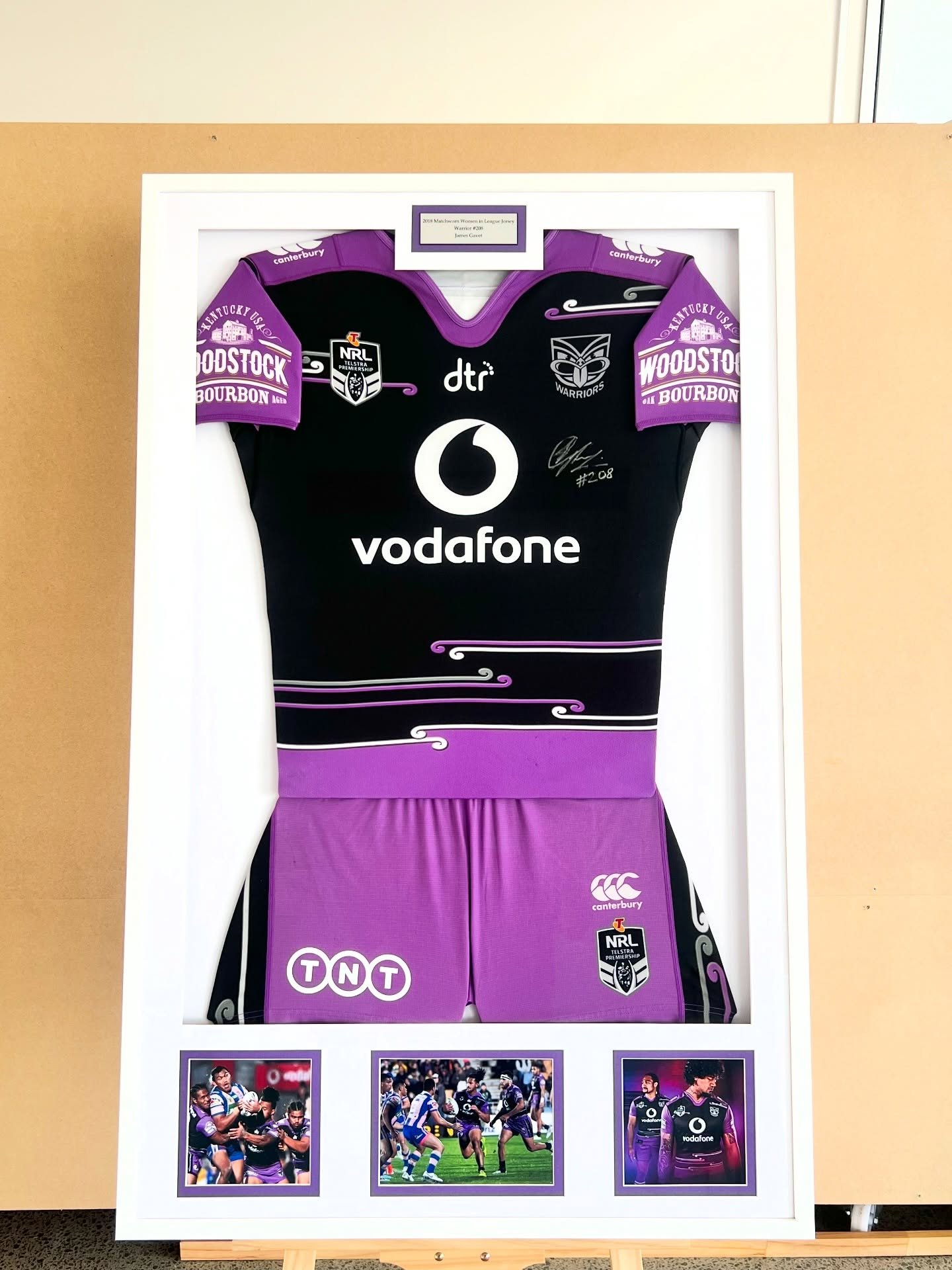 2018 @nzwarriors Match Worn Women in League Jersey and Shorts
#8, worn by Warriors number 208 James Gavet

Pulled in some purple accents and framed with Anti Reflective glass