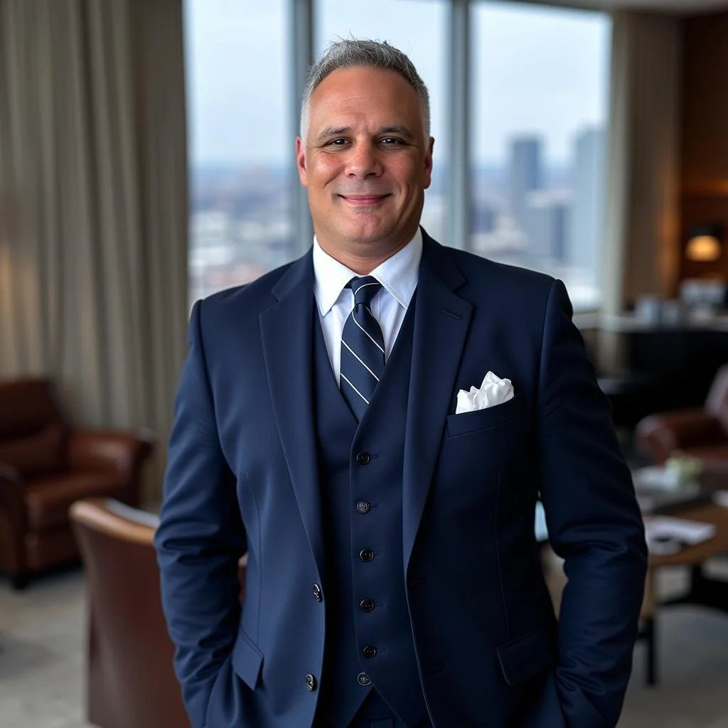 A man in a navy blue suit and striped tie stands in a modern office or hotel lounge, smiling at the camera. Behind him are large windows showing a city skyline.