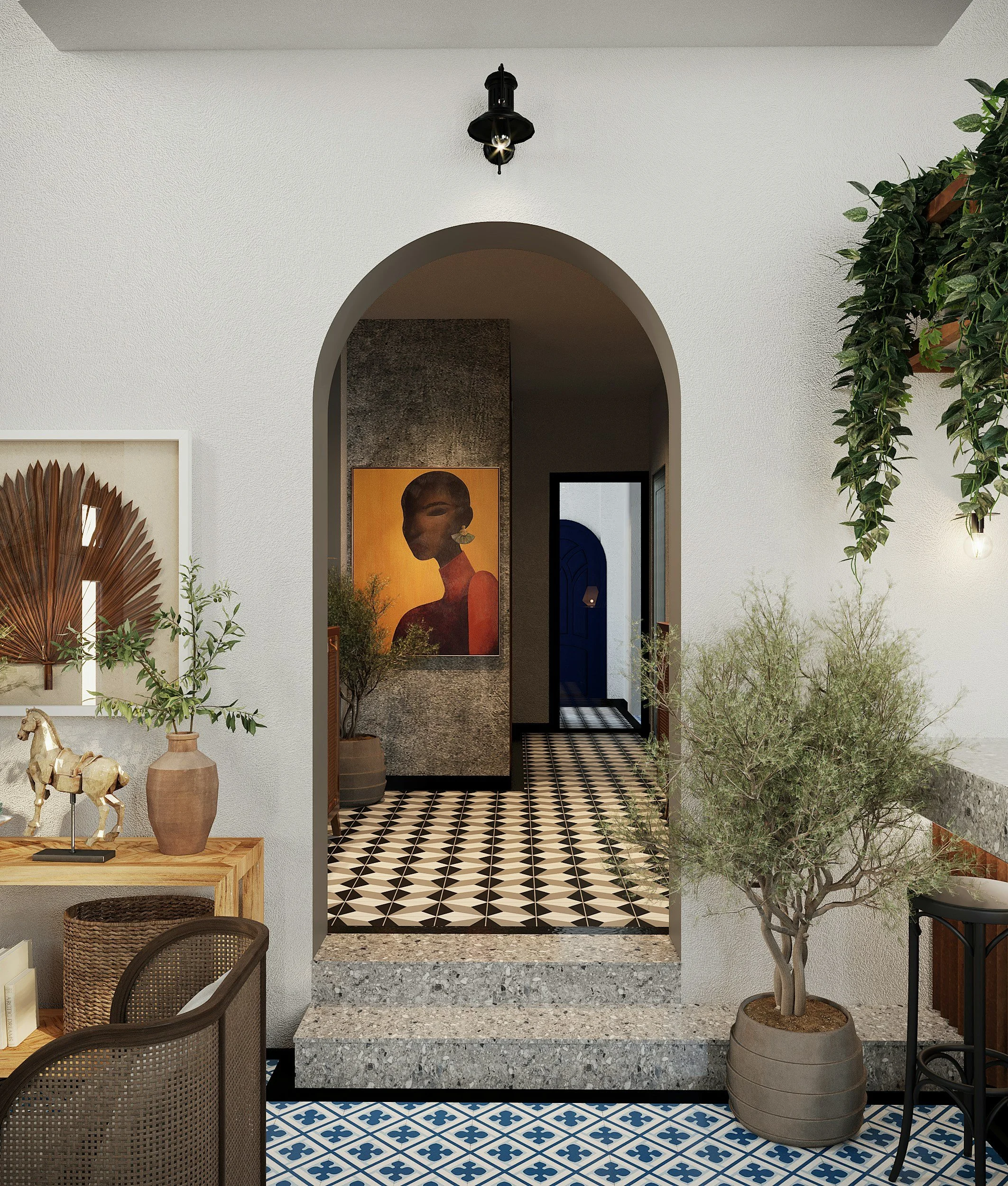 Interior view of a stylish home with a staircase leading to a patterned tile hallway. Decor includes potted plants, artwork of a woman and a horse sculpture, and a mix of modern and rustic furnishings.