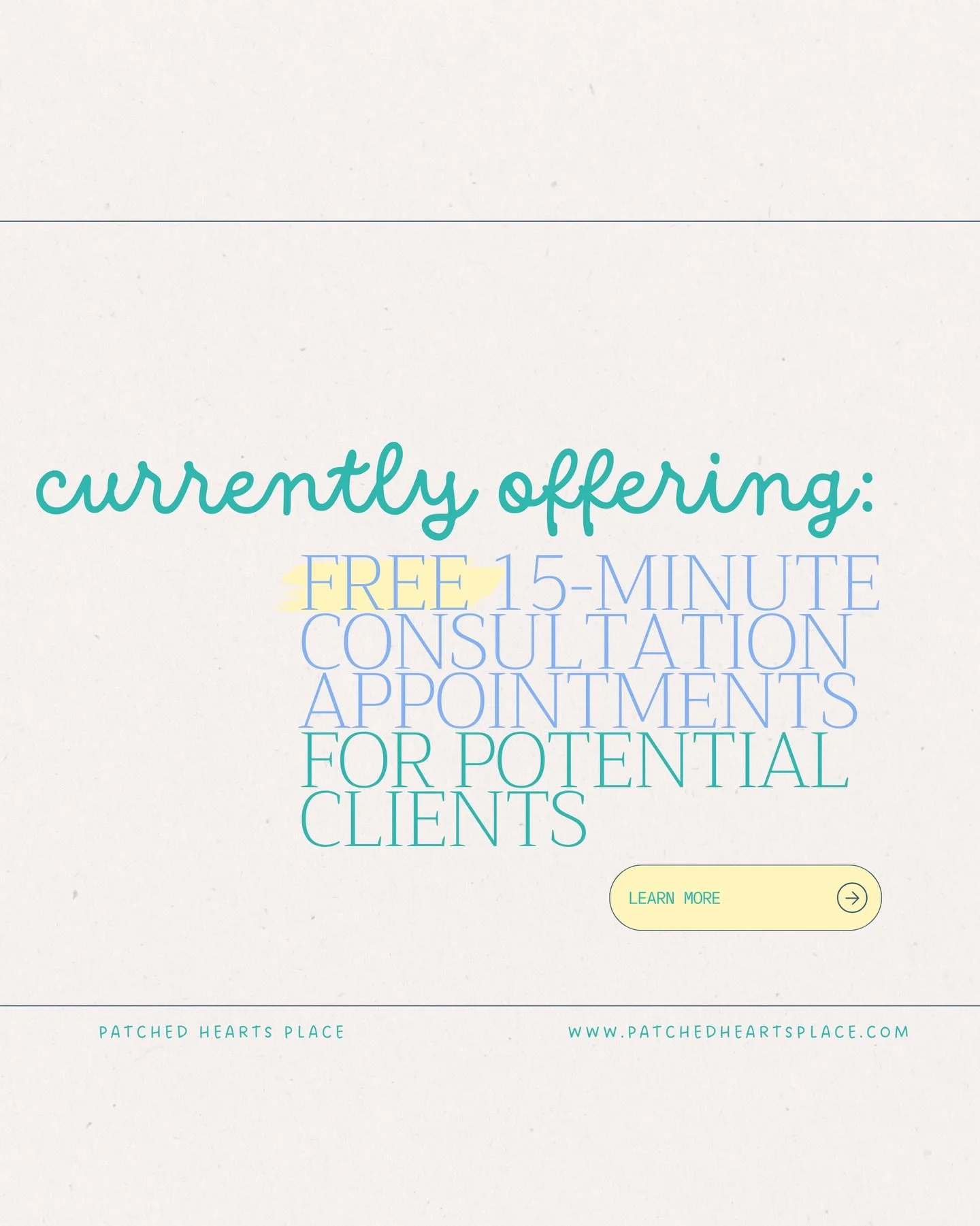 While @patchedheartsplace isn&rsquo;t taking new clients YET, we do have ✨ free ✨ 15-minute consultation appointments available. Think of this as a get-to-know us and an opportunity for you to ask questions, share your goals and learn about next step